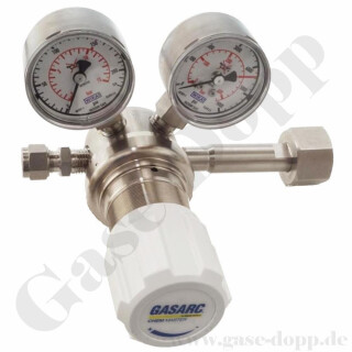 Flaschendruckminderer Pr&uuml;fgas 200 bar 1-stufig bis 50 bar regelbar - Anschluss M19x1,5 LH DIN 477-1 Nr.14 - Ausgang 6 mm KRV - FKM - Edelstahl 6.0 - GASARC CHEM MASTER SGS621
