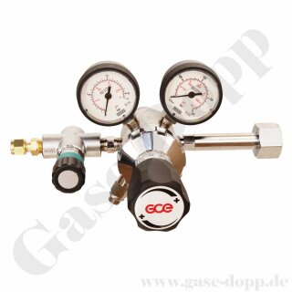 Flaschendruckminderer Stickstoff 5.0 200 bar - bis 10,5 bar regelbar - 2-stufig - Messing verchromt - Ausgang mit Absperrventil KRV 6mm - GCE DRUVA