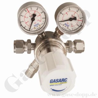 Reinstgas 6.0 Leitungsdruckminderer 15 bar - bis 1,5 bar regelbar - 1-stufig - IN/OUT 12 mm KRV - PTFE - Messing vernickelt - GASARC SPEC MASTER HPS600