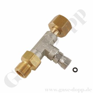 Adapter T-Stück W21,8x1/14" AG x G 1/4" x W21,8x1/14" IG ÜM Sechskantanschluss - mit G 1/4" IG Manometerverschraubung u.a. für Manometer Drucksensoren - Messing / Stahl verzinkt