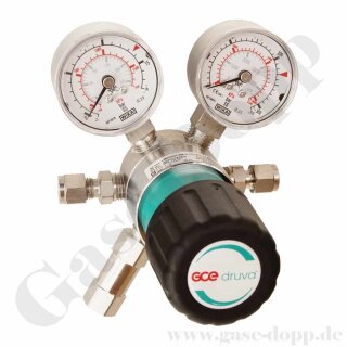 Leitungsdruckminderer bis 10 bar regelbar - Eingang max. 230 bar rechts - 1-stufig - IN / OUT KRV 1/4" - mit Sicherheitsüberdruckventil - geeignet u.a. für Wasserstoff - Edelstahl 6.0 - GCE DRUVA LMD50003