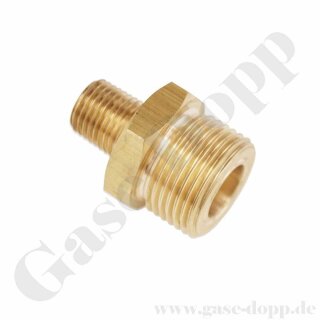 Doppelnippel W24,32x1/14" AG x 1/4" NPT AG - Adapter Stickstoff DIN 477-1 Nr.10 - Messing 200 bar