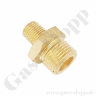 Doppelnippel W21,8x1/14" AG x 1/4" NPT AG - Adapter Helium Argon CO2 DIN 477-1 Nr.6 - 200 bar - Messing