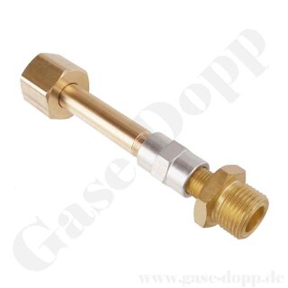 Adapter CGA-350 x DIN 477-1 Nr.14 - 0.825" 14 NGO IG x M19x1,5 LH AG - Länge 130 mm - Messing - 200 bar -  CGA350 Wasserstoff Methan / DIN 477-1 Nr.14 Prüfgas