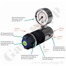 Labor Entnahmedruckminderer auf Wandplatte mit Absperr- & Regulierventil - Edelstahl - max. 40 bar / 0,1 - 1,5 bar regelbar - Eingang G 1/4" IG oben - Ausgang G 1/4" IG unten - GCE DRUVA EMD310008