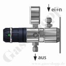 Labor Entnahmedruckminderer auf Wandplatte mit Absperrventil - Messing verchromt - max. 40 bar / 0,5 - 10,5 bar regelbar - Eingang G 1/4" IG oben - Ausgang mit G 1/4" IG unten - GCE DRUVA EMD310001