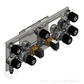 Batteriedruckminderer Entspannungsstation Druckregelstation - halbautomatische Umschaltung - 300 bar - bis 6 bar regelbar - 2-stufig - mit Magnetventilen - 2 Eingänge - Ausgang M14x1,5 - Messing 4.5 GCE DRUVA MPLH0SDPSS