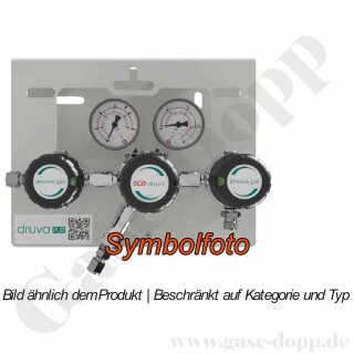 Entspannungsstation Druckregelstation 1 Eingang 200 bar max. bis 14 bar regelbar - 1-stufig - In M14x1,5  Out 1/4" NPT IG - Kontaktmanometer + Absperrventil im Eingang + Absperrventil im Ausgang - Messing verchromt 6.0 - GCE Druva MPLH0XSS