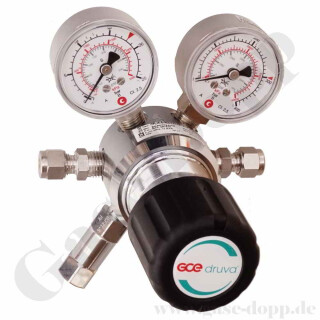 Leitungsdruckminderer bis 14 bar regelbar - Eingang max. 300 bar Rechts - 1-stufig - IN / OUT KRV 8 mm - 6 Port - mit Sicherheitsüberdruckventil FKM - Messing verchromt 6.0 - GCE Druva LPLH0SJ