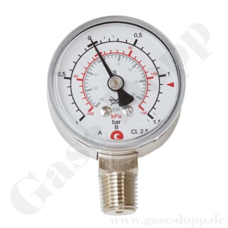 Manometer Ø 50 mm -1,0 bis 1,5 bar / 1 bar - 1/4" NPT AG Anschluss (6 Uhr) - Messing verchromt