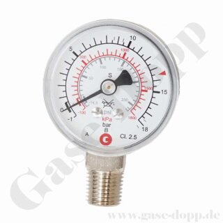 Manometer Ø 50 mm 0 - 18 bar / 13,5 bar - 1/4" NPT AG Anschluss (6 Uhr) - Messing verchromt