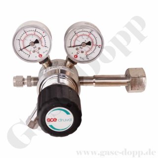 Flaschendruckminderer Prüfgas 200 bar 1-stufig bis 3,0 bar regelbar - Anschluss M19x1,5 LH DIN 477-1 Nr.14 - Ausgang 6mm KRV - Messing verchromt 6.0 - GCE DruvaPUR