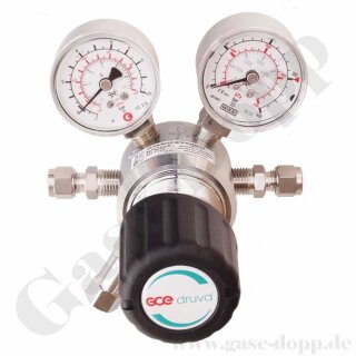 Leitungsdruckminderer bis 6 bar regelbar - Eingang max. 300 bar Rechts - 1-stufig - IN / OUT KRV 6mm - 6 Port - mit Sicherheitsüberdruckventil FKM - Messing verchromt 6.0 - GCE DruvaPur