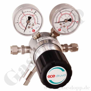 Leitungsdruckminderer bis 28 bar regelbar - Eingang max. 200 bar Rechts - 1-stufig - IN / OUT KRV 6 mm - 6 Port - mit Sicherheitsüberdruckventil FKM - Messing verchromt 6.0 - GCE Druva LPLH0SJ