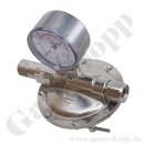 Leitungsdruckminderer Feindruckregler nicht brennbare Gase - Eingang max. 16 bar - Ausgang 0 - 30 mbar regelbar - IN G 1/4" IG OUT G 1/4" IG - Leistung ca. 1Nm&sup3;/h (P1-6 bar / P2- 50 mbar / Luft) - Messing vernickelt