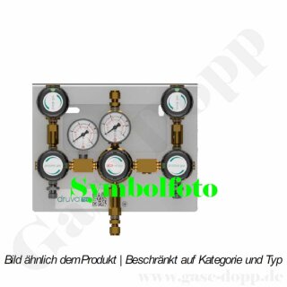Batteriedruckminderer Entspannungsstation Druckregelstation - manuelle Umschaltung - 300 bar bis 100 bar regelbar - 1-stufig - 2 Eingänge 1/4" NPT IG - Ausgang 1/4" NPT IG - Absperr- + Spülventil im Eingang - 100 m³/h - Messing 4.5 - GCE Druva MTLMS