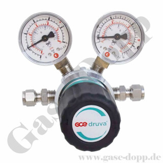 Leitungsdruckminderer 0,2 bis 2,0 bar regelbar - Eingang max. 12 bar Rechts - 1-stufig - IN / OUT 6 mm KRV - 6 Port - ohne Sicherheitsüberdruckventil - Messing verchromt 6.0 - GCE DruvaPUR