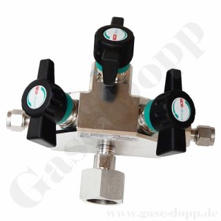 Spülblock für Fremdgasspülung - Flaschenschluss DIN 477-1 Nr.7 - G 5/8 - Schwefeldioxid - Flaschenschluss kurz - Ausgang KRV 6 mm - Spülgas IN OUT KRV 6 mm - Edelstahl 6.0 - GCE DRUVA
