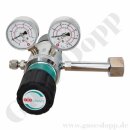 Flaschendruckminderer Helium 200 bar 2-stufig 0,2 bis 2,0 bar regelbar - Anschluss W21,8x1/14" DIN 477-1 Nr. 6 - Ausgang 1/8" KRV - 3 m³/h - FKM - Messing verchromt 6.0 - GCE Druva CPLLVDJ