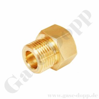Reduzierung W21,8x1/14" LH AG x M19x1,5 LH IG - DIN 477-1 Nr.1 x DIN 477-1 Nr.14 - Pr&uuml;fgas / Brenngas 200 bar - L&auml;nge 30 mm - Messing