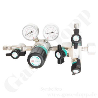 Flaschendruckminderer Schwefeldioxid 50 bar 1-stufig bis 3 bar regelbar - Anschluss G 5/8" DIN 477-1 Nr.7 - Ausgang 6 mm KRV + Absperrventil - mit Fremdgasspülung - EPDM - Edelstahl 6.0 - GCE DruvaPUR - CSLH0SJ