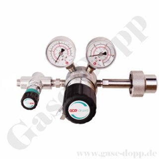 Flaschendruckminderer Pr&uuml;fgas 200 bar 2-stufig bis 6,0 bar regelbar - HandAnschluss M19x1,5 LH DIN 477-1 Nr.14 - Ausgang G 1/4" AG mit Regulierventil - FKM - Messing verchromt 6.0 - GCE Druva CPLH0DJ