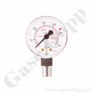 Manometer Ø 50 mm 0 - 315 bar / 230 bar - 1/4" NPT Anschluss (6 Uhr) - Edelstahl