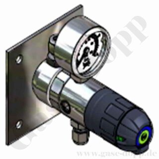 Labor Entnahmedruckminderer auf Wandplatte mit Absperrventil - Edelstahl - max. 40 bar / 0,5 - 10,5 bar regelbar - Eingang 6 mm KRV oben - Ausgang 1/8" KRV unten - GCE DRUVA EMD310001