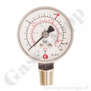 Manometer Ø 50 mm 0 - 160 bar / 100 bar - 1/4" NPT Anschluss (6 Uhr) - Messing verchromt