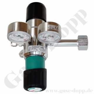 Flaschendruckminderer Helium Xenon 200 bar 2-stufig 0,3 bis 2,0 bar AbsolutDruck regelbar - vakuumtauglich - Anschluss W21,8x1/14 DIN 477-1 Nr.6 - Ausgang KRV 6 mm - FKM - 3 m³/h - Messing verchromt 6.0 - GCE Druva CPLAVDJ