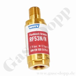 Sicherheitseinrichtung Flammenrückschlagsicherung Wasserstoff / Methan / Propan / Ethylen - IN 1/4" NPT AG / OUT 1/4" NPT IG - max. 12 bar - DIN EN ISO 5175-1 Messing - Witt RF53N/H