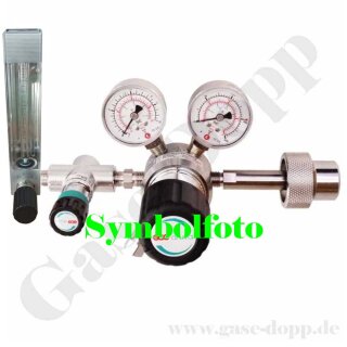 Flaschendruckminderer Prüfgas 200 bar 1-stufig mit Flowmeter bis 10 l/min regelbar - Anschluss M19x1,5 LH DIN 477-1 Nr.14 - Ausgang 6 mm KRV + 6 mm Schlauchtülle - Messing verchromt 6.0 - GCE Druva CPLH0SJ