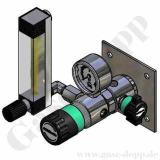 Labor Entnahmestelle auf Wandplatte mit Absperrventil und Flowmeter - 40 bar / 0,05 bis 4,0  l/min regelbar - für O2 kalibriert - Ein- und Ausgang G1/4" - für Wandaufbau - Messing verchromt 6.0 -  GCE Druva EMD 40006