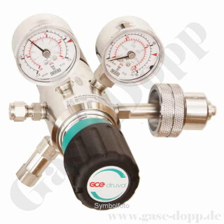 Flaschendruckminderer Helium Kohlendioxid CO2 200 bar 2-stufig bis 6,0 bar regelbar - Anschluss W21,8x1/14" DIN 477-1 Nr. 6 - Ausgang 1/4" KRV - EPDM - Edelstahl 6.0 - GCE Druva CSLHEDJ