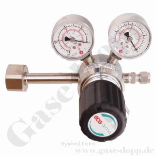 Flaschendruckminderer Stickstoff 200 bar 1-stufig bis 28 bar regelbar - Eingang Links W24,32x1/14" DIN 477-1 Nr.10 - Ausgang 6 mm KRV - Edelstahl 6.0 - GCE DruvaPUR