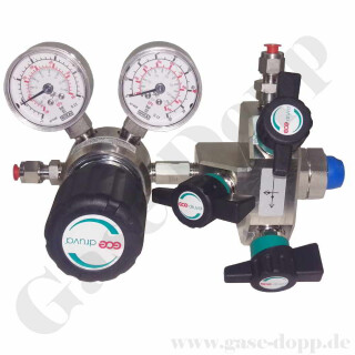 Flaschendruckminderer Prüfgas 200 bar 1-stufig bis 14 bar regelbar - Anschluss M19x1,5 LH DIN 477-1 Nr.14 - Ausgang 6 mm KRV + Regulierventil - mit Fremdgasspülung - EPDM - Edelstahl 6.0 - GCE DruvaPUR