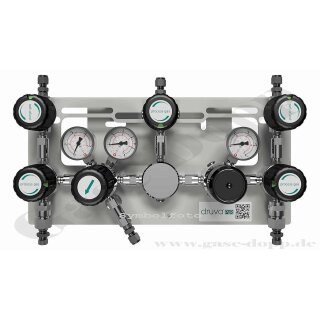 Batteriedruckminderer Entspannungsstation Druckregelstation - halbautomatische Umschaltung - 60 bar - 14 bar -1stufig - 2 Eingänge DIN477-1 Nr.6 W21,8x1/14" AG - Ausgang 1/4" NPT IG - EPDM - Messing verchromt 6.0 - GCE DRUVA