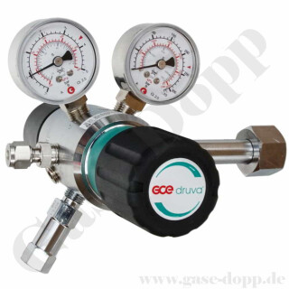 Flaschendruckminderer Stickstoff 200 bar 2-stufig 0,2 bis 2,0 bar regelbar - Anschluss W24,32x1/14" DIN 477-1 Nr.10 - Ausgang KRV 6 mm - 3 m³/h - FKM - Messing verchromt 6.0 - GCE Druva CPLLVDJ