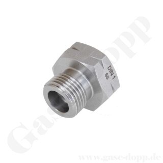 Reduzierung W21,8x1/14" LH AG x 1/4" NPT IG - DIN 477-1 Nr.1 - 200 bar - Edelstahl