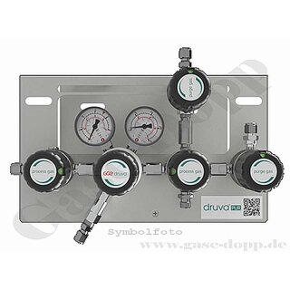 Druckregelstation 1 Eingang 300 bar max. bis 14 bar regelbar - 1-stufig - In M14x1,5 - Out 1/4" NPT IG - Fremdgasspülung und Absperrventil - FKM - Edelstahl 6.0 - GCE Druva MSLH0XSE