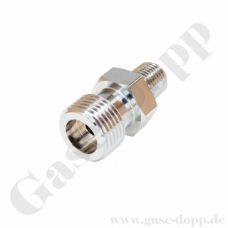 Doppelnippel W21,8x1/14" LH AG x 1/4" NPT AG - Adapter Brenngas DIN 477-1 Nr.1 - 300 bar - Edelstahl