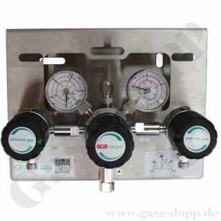Batteriedruckminderer Entspannungsstation Druckregelstation - manuelle Umschaltung - 300 bar bis ca. 14 bar regelbar - 1-stufig - 2 Eingänge M14x1,5 AG - Ausgang 8 mm KRV - Absperrventil im Eingang - Messing verchromt 6.0 - GCE Druva MPLH0MSS00