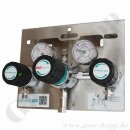 Batteriedruckminderer Entspannungsstation Druckregelstation - manuelle Umschaltung - 300 bar bis ca. 14 bar regelbar - 1-stufig - 2 Eingänge M14x1,5 AG - Ausgang 8 mm KRV - Absperrventil im Eingang - Messing verchromt 6.0 - GCE Druva MPLH0MSS00