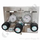 Batteriedruckminderer Entspannungsstation Druckregelstation - manuelle Umschaltung - 300 bar bis ca. 14 bar regelbar - 1-stufig - 2 Eingänge M14x1,5 AG - Ausgang 8 mm KRV - Absperrventil im Eingang - Messing verchromt 6.0 - GCE Druva MPLH0MSS00