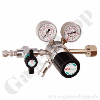 Flaschendruckminderer Sauerstoff synthetische Luft 200 bar 1-stufig bis 10 bar regelbar - Anschluss G 3/4" DIN 477-1 Nr.9 -  Ausgang Absperrventil KRV 6 mm - Messing verchromt 6.0 - GCE Druva CPLH0SJ
