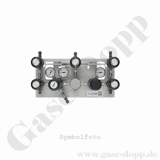 Batteriedruckminderer Entspannungsstation Druckregelstation - halbautomatische Umschaltung - 200 bar - 10 bar fest eingestellt - 1-stufig - 2 Eingänge M14x1,5 AG - Ausgang 1/4" NPT IG - mit Induktivmanometer - Messing verchromt 6.0 - GCE Druva