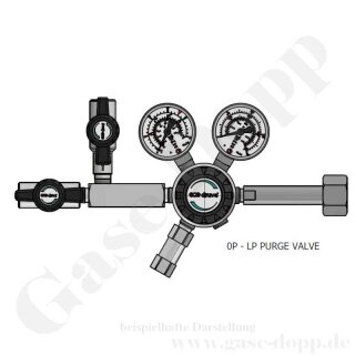 Flaschendruckminderer Prüfgas 200 bar 1-stufig bis 6 bar regelbar - Anschluss M19x1,5 LH DIN 477-1 Nr.14 - mit Eigengasspülung - Ausgang 6 mm KRV Doppelabzweig mit Absperrventilen - EPDM - Edelstahl 6.0 - GCE Druva CSLHESJ