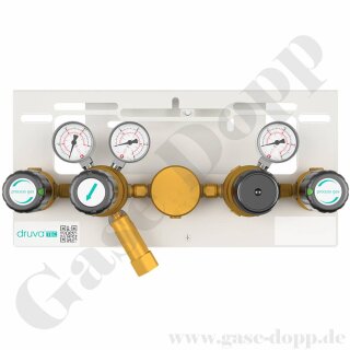Druckregelstation 2 Eingänge 300 bar - 100 bar fest eingestellt - 1-stufig - halbautomatische Umschaltung - IN 1/4" NPT IG - OUT 1/4" NPT IG - mit Kontaktmanometer - max. 20 m³/h - Inertgas Sauerstoff - FKM - Messing - GCE DruvaTec MTLSSGX