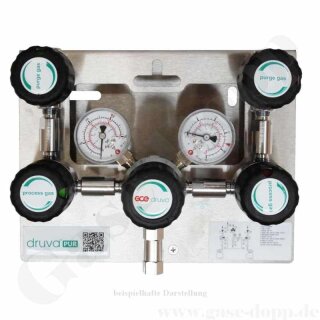 Entspannungsstation - manuelle Umschaltung - 300 bar / 0 - 10 bar regelbar - 1-stufig - 2 Eingänge 1/4" NPT IG - Ausgang 1/4" NPT IG - Kontaktmanometer + Absperr- + Spülventil im Eingang - EPDM - Messing verchromt 6.0 - GCE Druva MTLMS