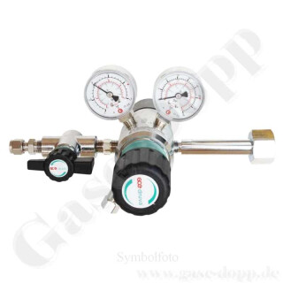 Flaschendruckminderer Wasserstoff 200 bar 2-stufig bis 1,0 bar regelbar - Anschluss W21,8x1/14" LH DIN 477-1 Nr.1 x 1/4"NPT IG - 20 m³/h - Messing verchromt 6.0 - GCE Druva CPLH0DJ